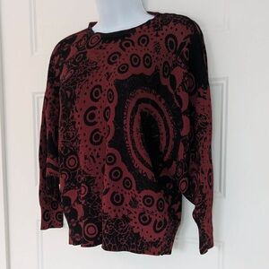 Desigual Red Black Printed Knit Top Size S Keyhole Neck 3/4 Sleeve